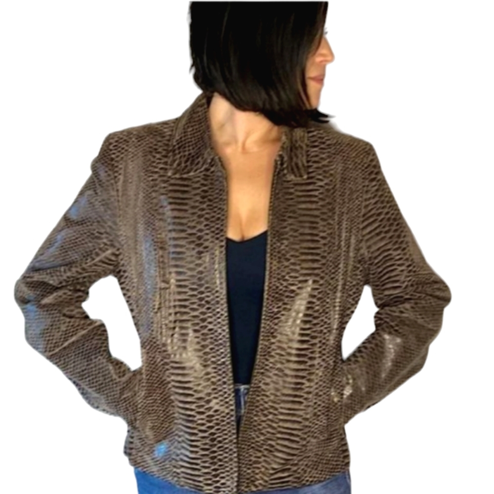 90's Pamela McCoy Brown Snakeskin Longsleeve Leather Collared Zip Front Jacket